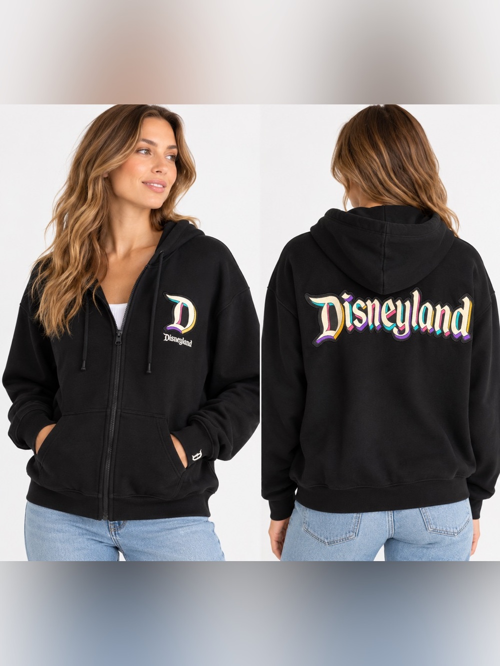Disneyland Black Zip Up Hoodie Embroidered Logo Size Large